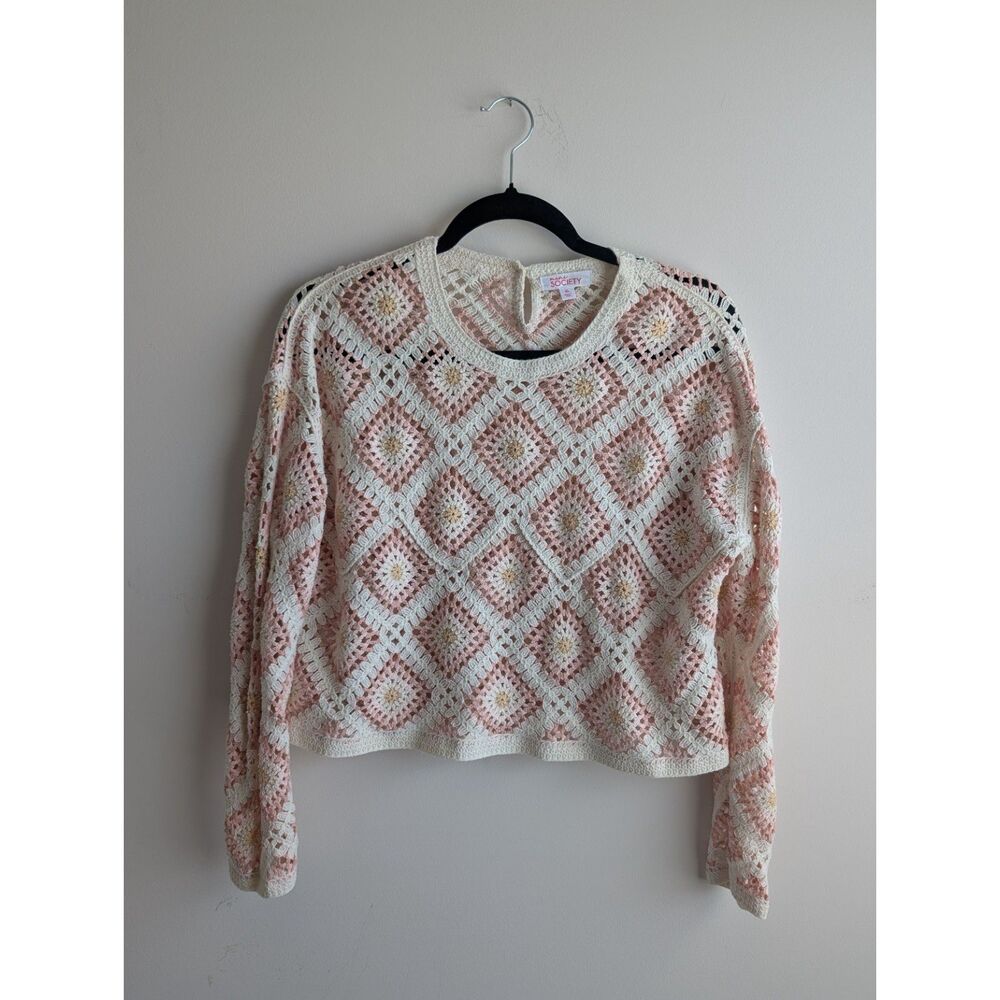 Crochet Granny Square Sweater youth XL, fits women's S/M pink cream boho cropped